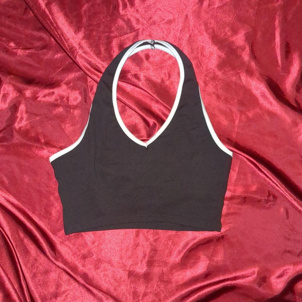 Chic Black Halter Crop Top with White Trim